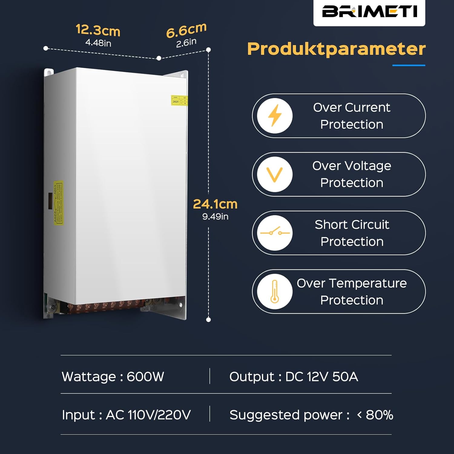 Switching Power Supply 12V 600W, BRIMETI LED Driver Transformer AC 120V to 12V DC 50A Low Voltage Converter Constant Voltage Adapter for Indoor LED Strip Light Cabinet Lights