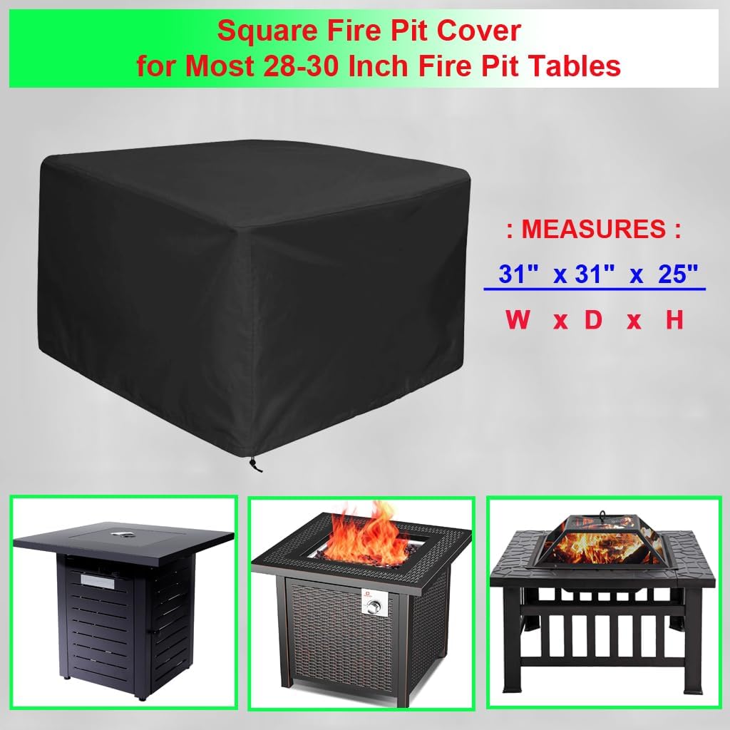 30 Inch Square Fire Pit Cover for 28-30 Inch Fire Pit Tables, 600D Heavy Duty Waterproof 31 x 31 x 25 Inches Patio Propane Gas Firepit Cover Square Outdoor, Black - Image 2