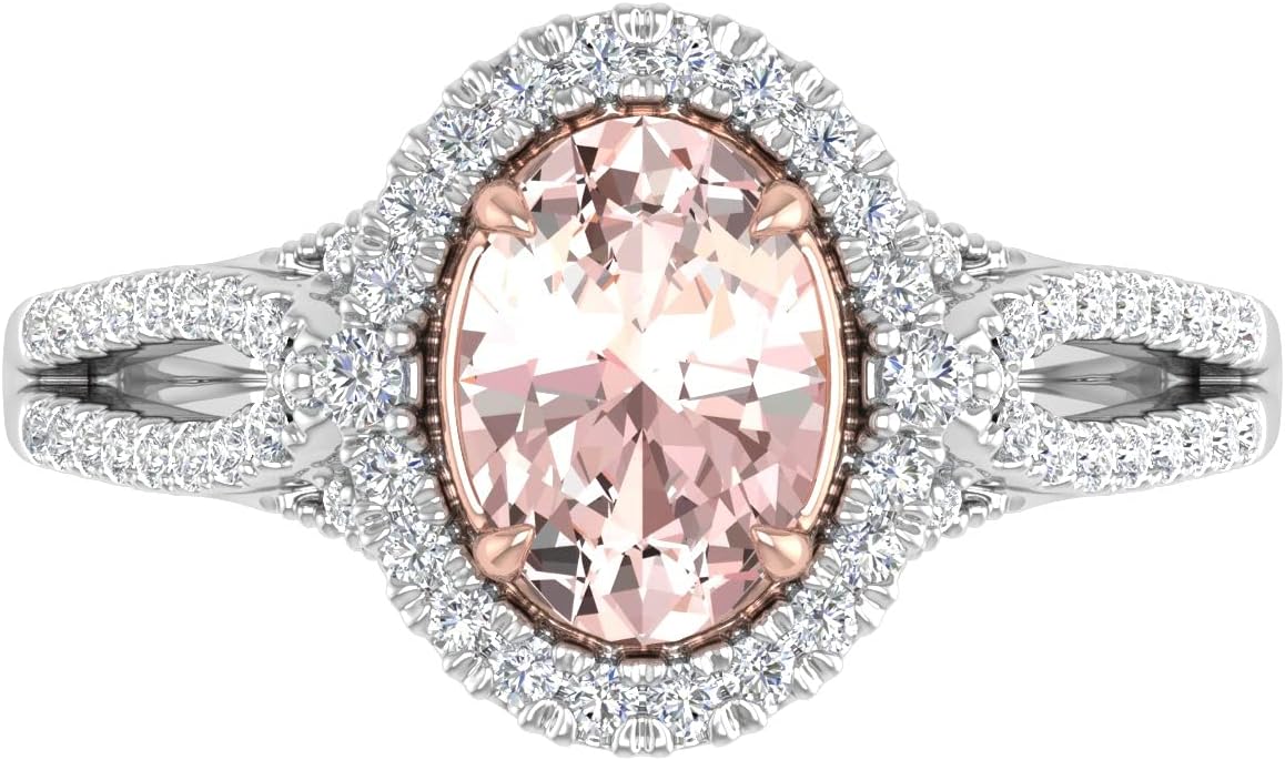 1 1/2 Carat White Natural Diamond and Oval Shaped Morganite Color Stone Engagement Ring in 14K Gold (SI1-SI2 Clarity)