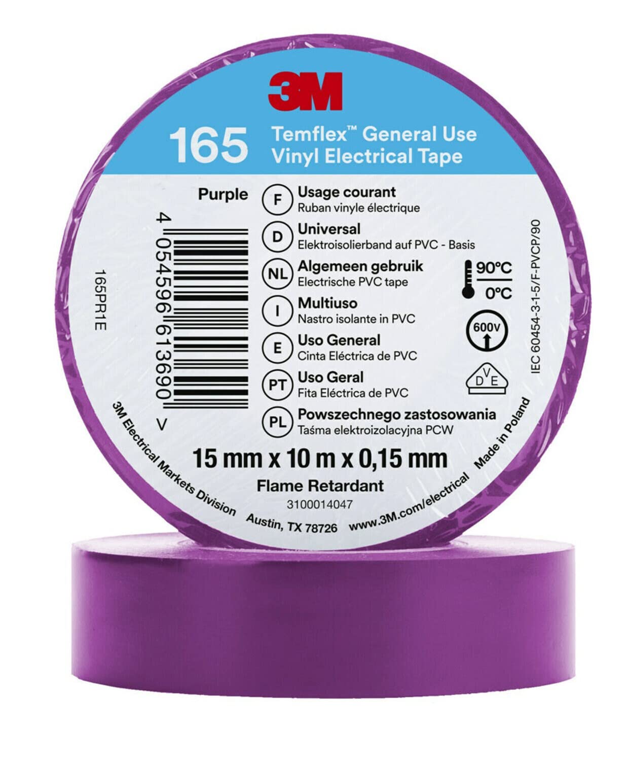 3M Temflex Winylowa taśma elektryczna 165, fioletowa, 15 mm x 10 m, 100 rolek/obudowa