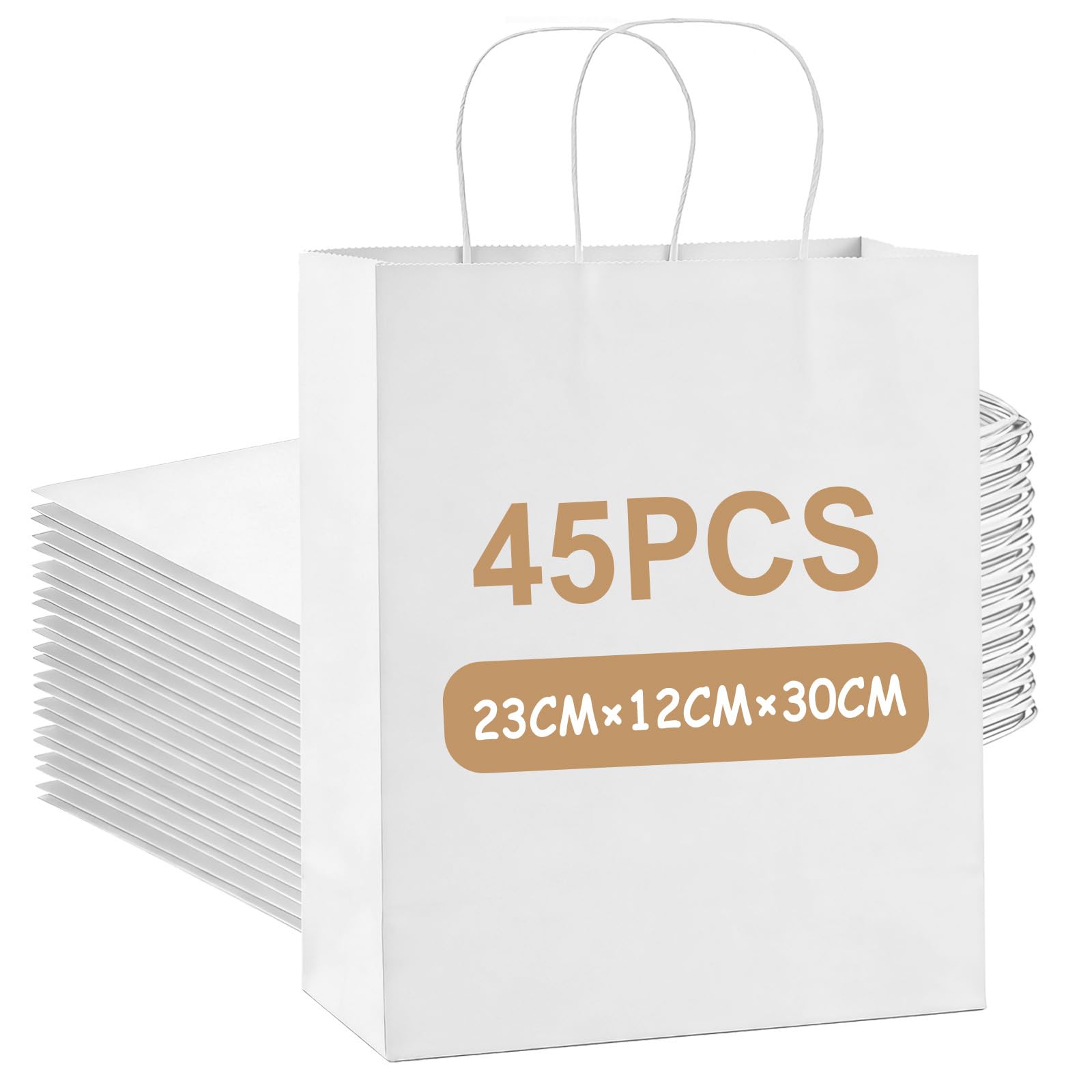 Weifeng 45 Pcs White Paper Bags 23x12x30cm Strong Carrier Bags Thicken 130gsm