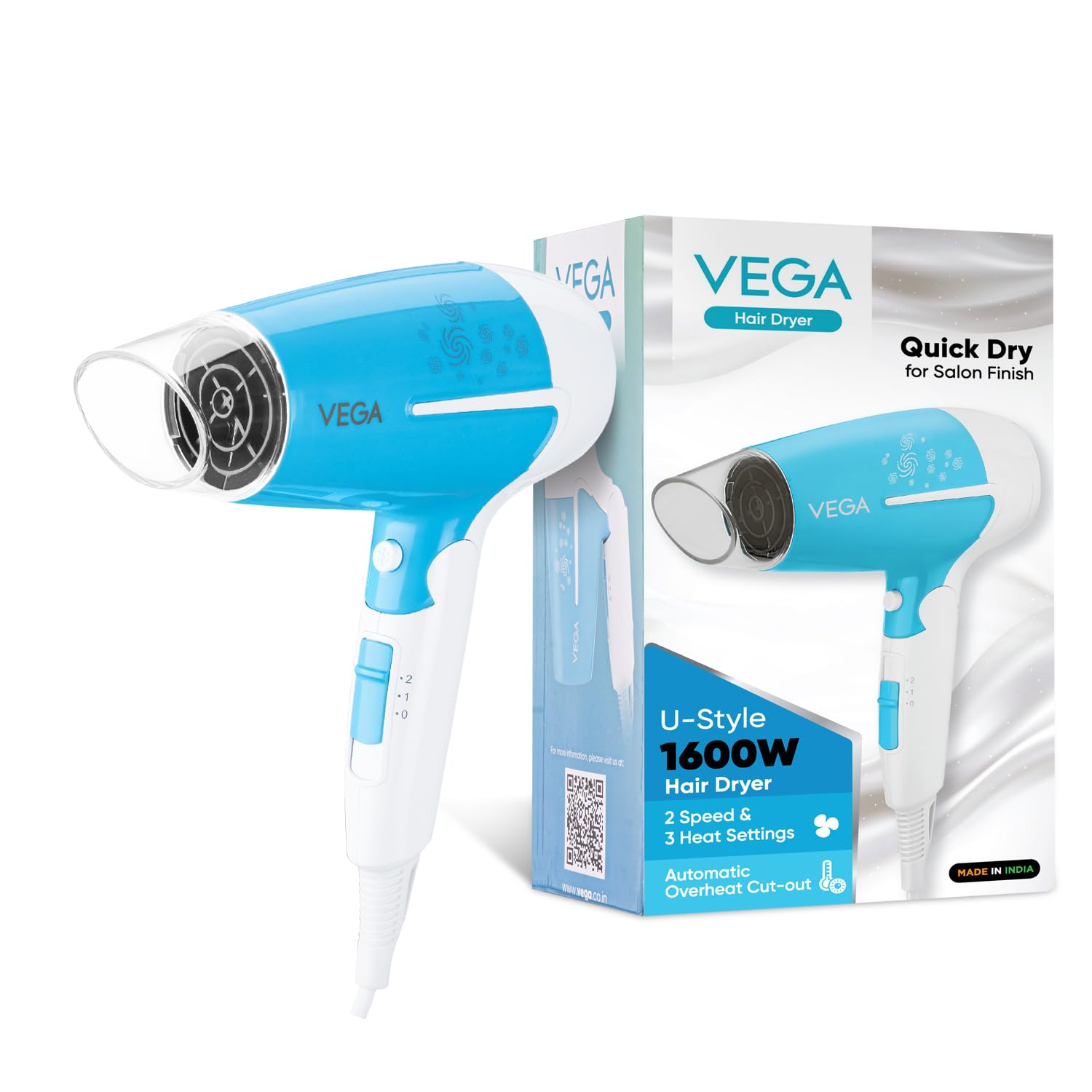 VEGA U Style 1600 Watts Foldable Hair Dryer For Women & Men With Cool Shot Button, 2 Speed/3 Heat Settings, Detachable Nozzle, Travel Friendly, Fast Hair Drying, (Vhdh-32),Blue