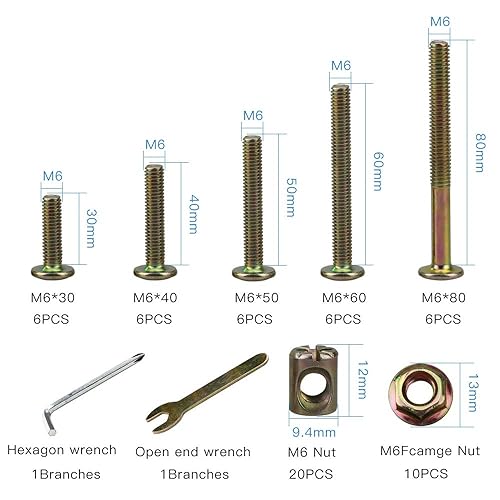 Miniatura 2 de Juego de 62 tornillos y tuercas para muebles, tornillos de cuna, tuercas de barril M6 para cunas y literas
