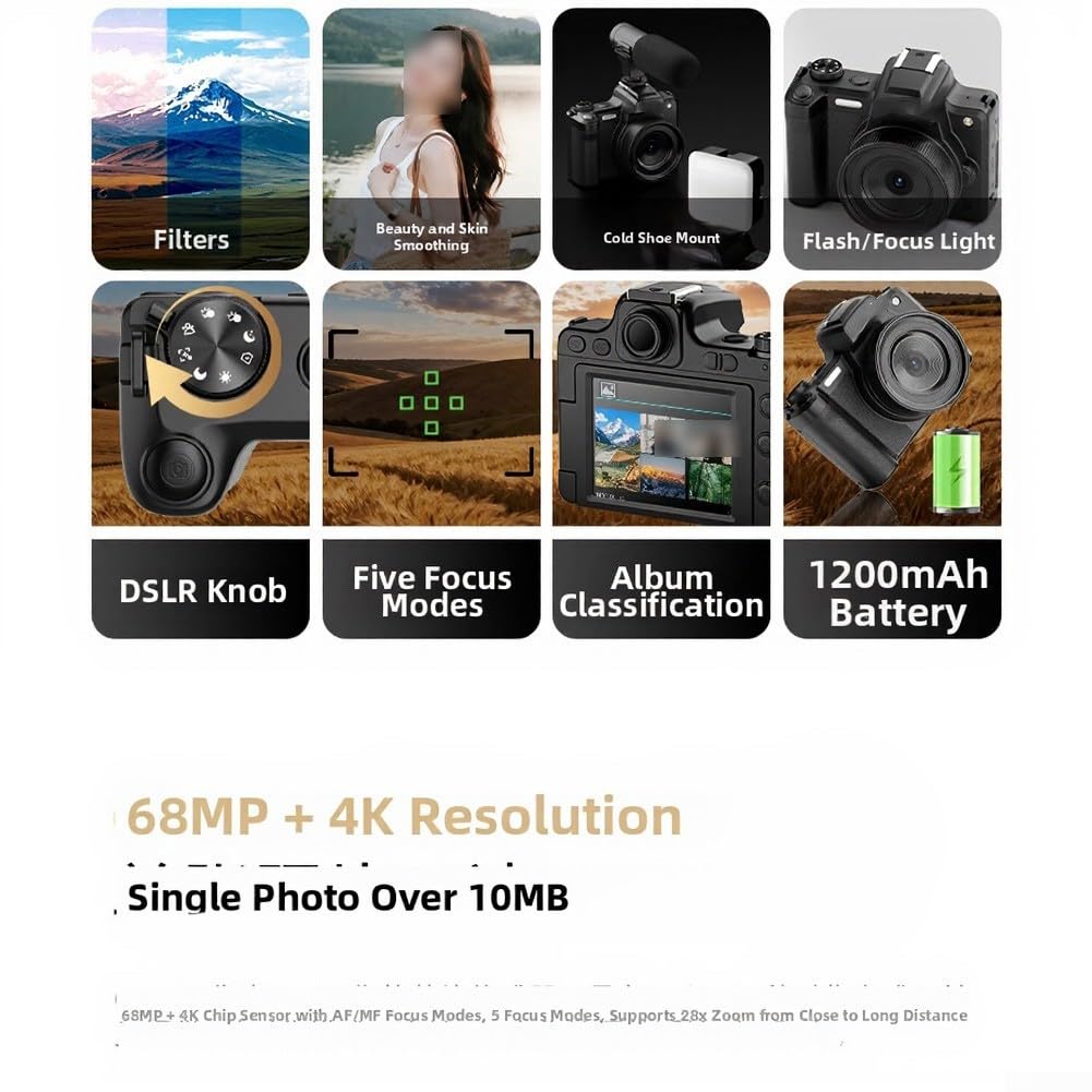 Digitale, video 4K da 68 MP, schermo flip screen da 2,8 pollici e mirino, modalità bellezza per ritratti, design compatto e leggero per viaggi Vlogging e creazione di contenuti