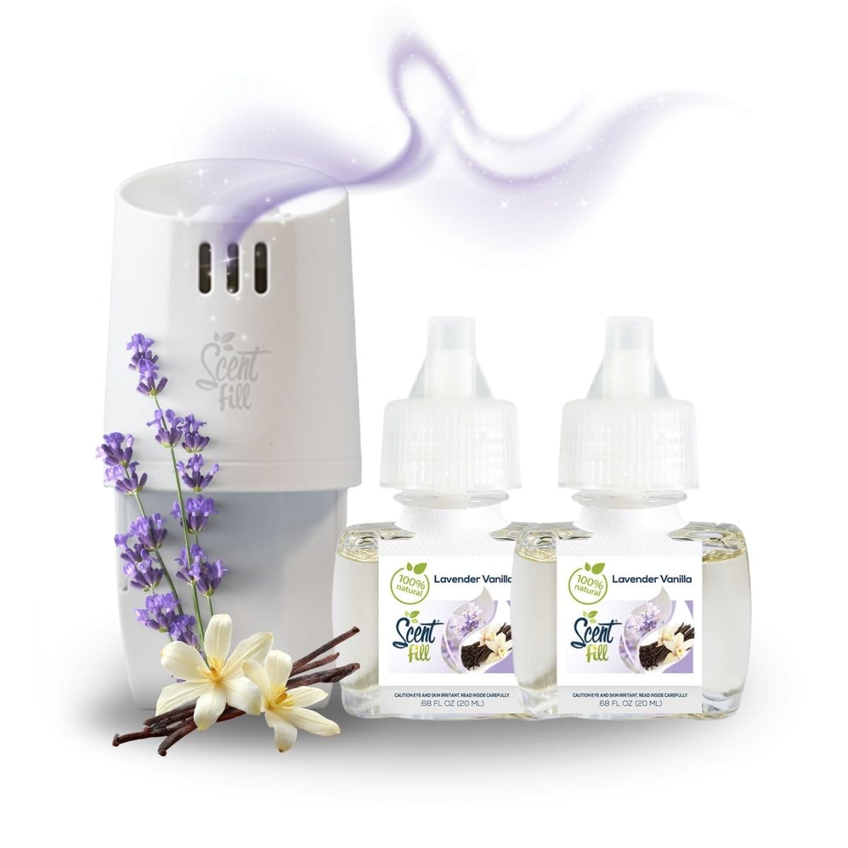 100% Natural Lavender Vanilla Plug in Air Freshener, Scented Oil Refills, 2 Refills + Diffuser