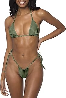 2025 Mujeres Halter Cadena Bikini Conjunto Sexy Tanga Dos Piezas Trajes de Baño Color Sólido Tops Hombres Rosa