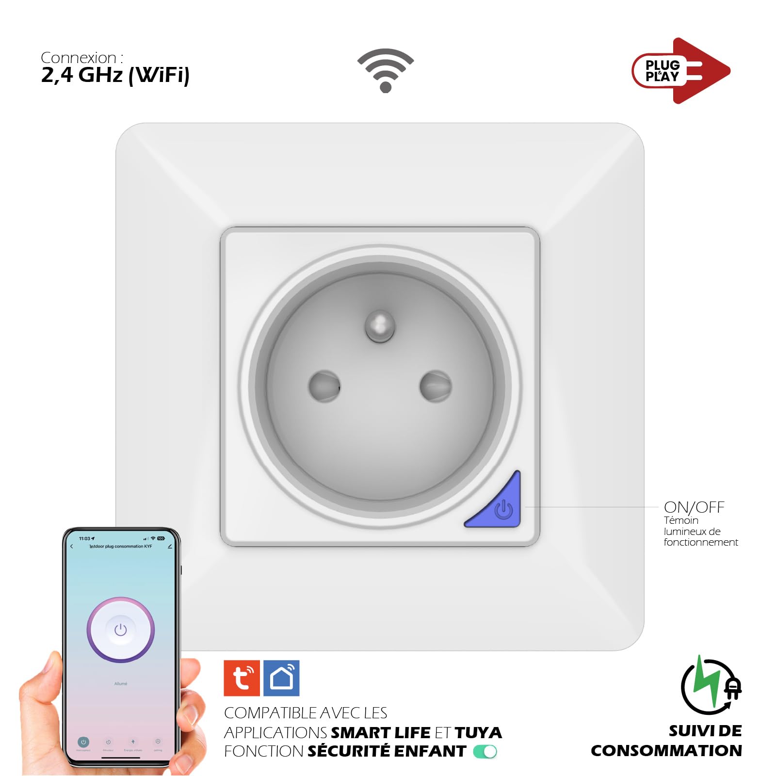 KYF Lot de 2 Prises intérieures encastrées 3000W connectées Wifi + Suivi de consommation + Compatible assistants vocaux