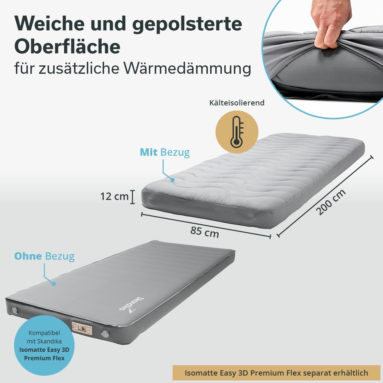 Skandika Pokrowiec na karimatę Easy 3D Premium Flex, nakładka na materac, 200 x 85 x 12 cm, wypełnienie poliestrowe, miękka, oddychająca, nadaje się do prania, z zamkiem błyskawicznym, nakładka na
