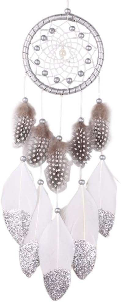 Indian Style Silver Bead Dream Catcher with Feather Core Bead Dreamcatcher for Wall Car Decoration