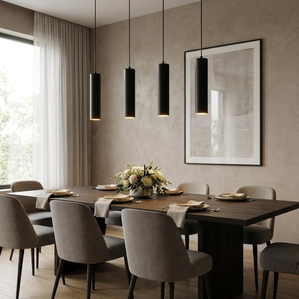 Alpinaluz Lámpara Colgante Lineal Negra de 4 Luces con Tubos de Aluminio de 30 cm y Cable Textil Ajustable, Estilo Moderno y Minimalista para Cocina o Comedor, Portalámparas GU10, Barra de 100 cm