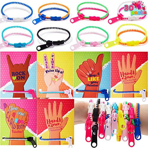 JOYIN 30 Packs Valentines Day Zipper Bracelets with Cards Friendship Zipper Bracelets Toys Stress Relief Toys for Kids Valentines Classroom Gift Exchange Prizes Valentines Party Favors