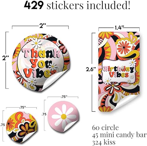 Miniatura 2 de Groovy Birthday Vibes - Kit de calcomanías para fiesta de cumpleaños, 429 piezas. Incluye 60 calcomanías circulares de 2 pulgadas para recuerdos y