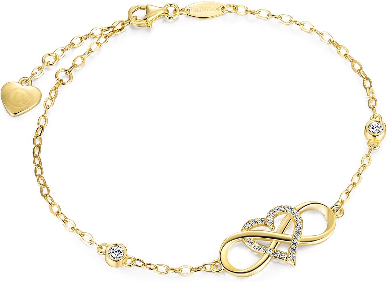 BlingGem Women's 925/1000 Sterling Silver White Rose Gold Plated 5A Cubic Zirconia Round Curb Chain Infinity Heart Women's Set Forever Infinity Bracelet
