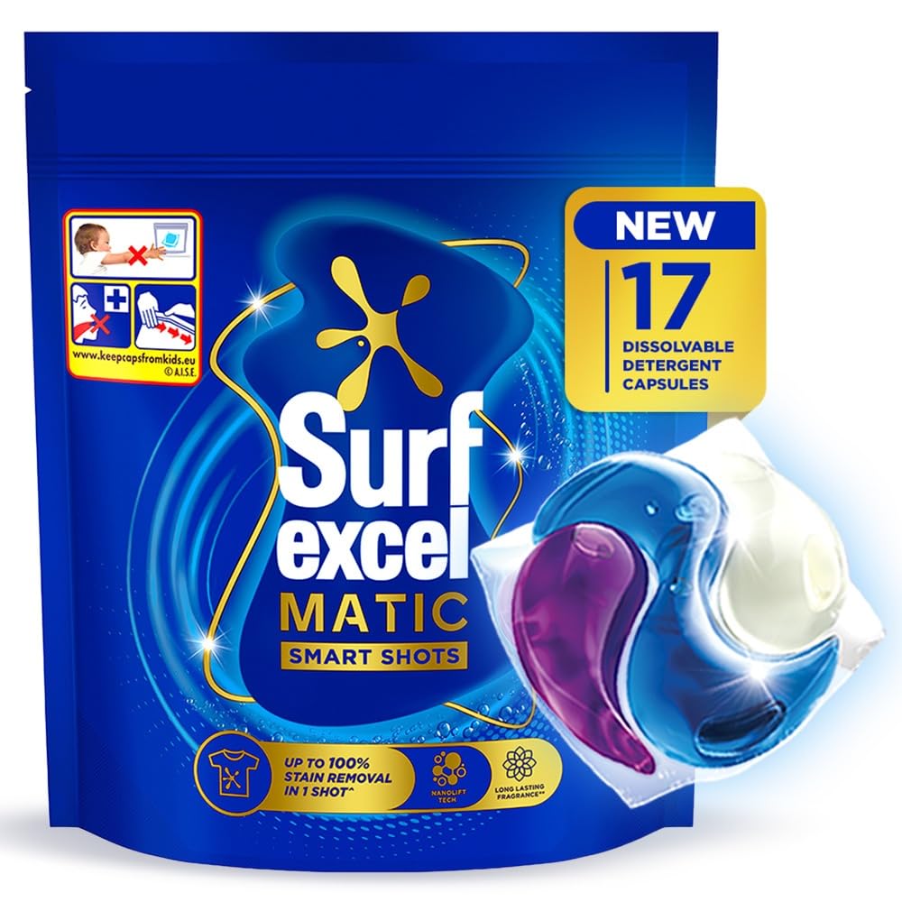 Surf Excel Matic 3 in 1 Smart Shots 17 pcs, Laundry Detergent Pods for Tough Stain Removal in Front Load & Top Load Washing Machines, Fragrance + Care