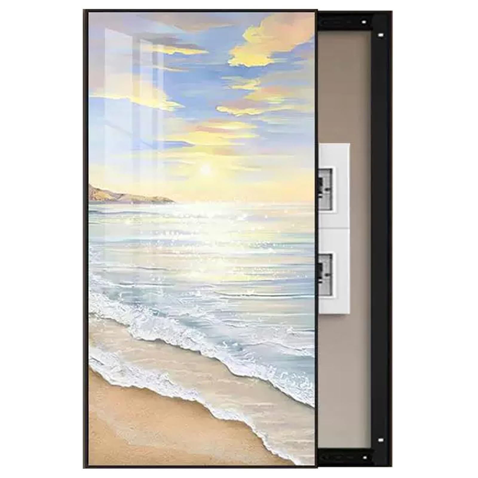 Copri Quadro Elettrico Decorativo, Cornice in Alluminio, Copri Contatore | Design Scorrevole Sul Lato Sinistro, Grafica a Tema Sole e Spiaggia, per Scatole Interruttori e Scatole Portafusibili(60x120)