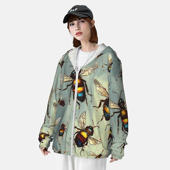 UPF 50+ Bee Sun Protection Hoodie Full Zip Long Sleeve Lightweight Hoodie Jacket Rash Guard Shirts
