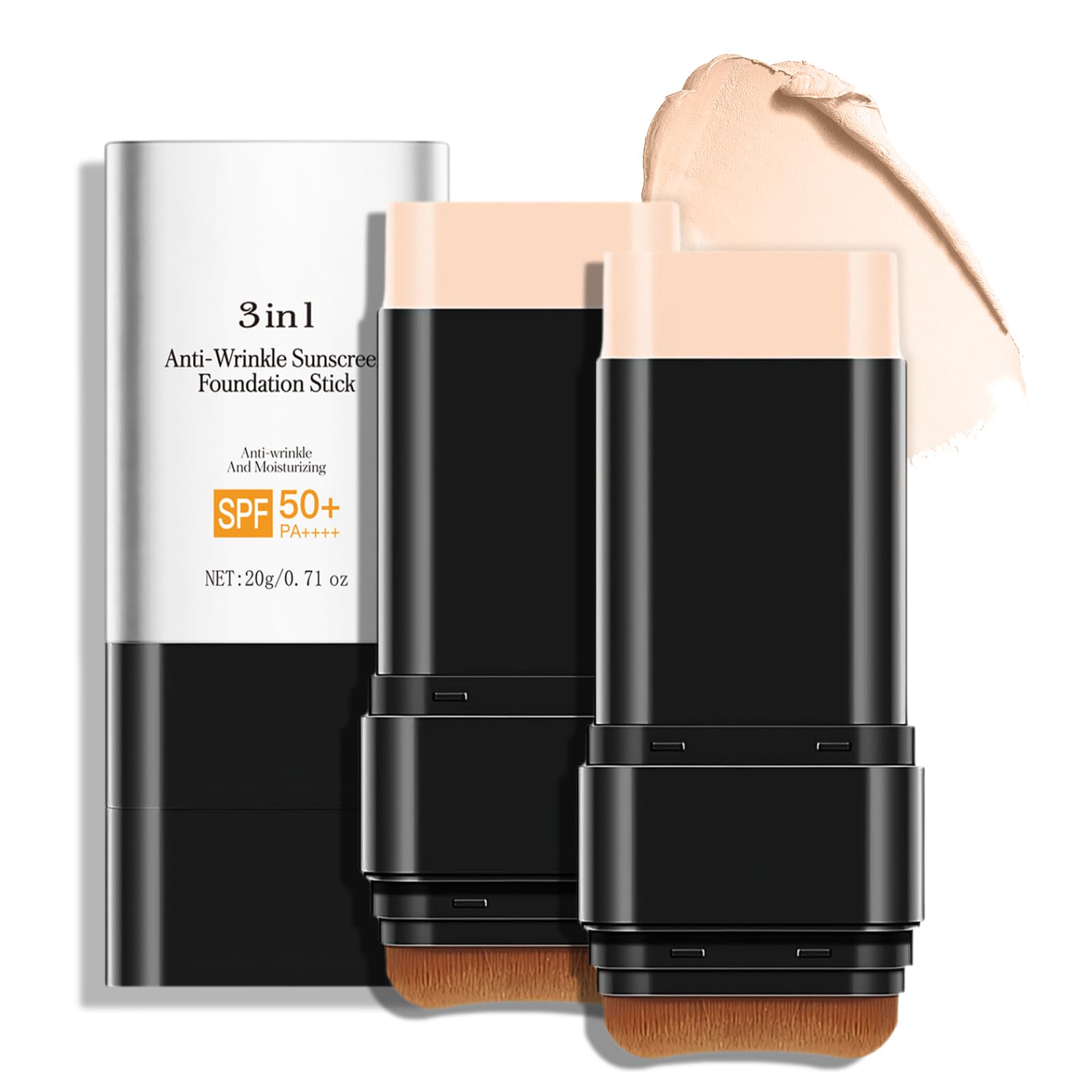 3 In 1-Luxury Anti-Wrinkle Foundation Stick SPF 50+ with Brush, 2 PCS Hydrating Non-Sticky Matte Foundation Stick, Travel Size Defense Face and Body