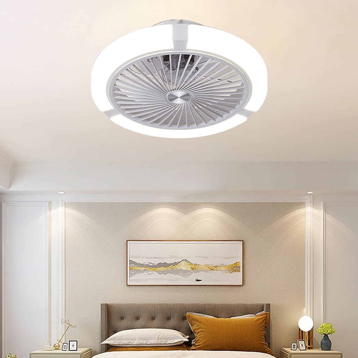 YUEGOO Fan Light Ceiling with Remote Control Led Dimmable Bedroom Small Ceiling Fan with Light 3 Speeds with Timer Modern Living Room Fan Ceiling Lights/White