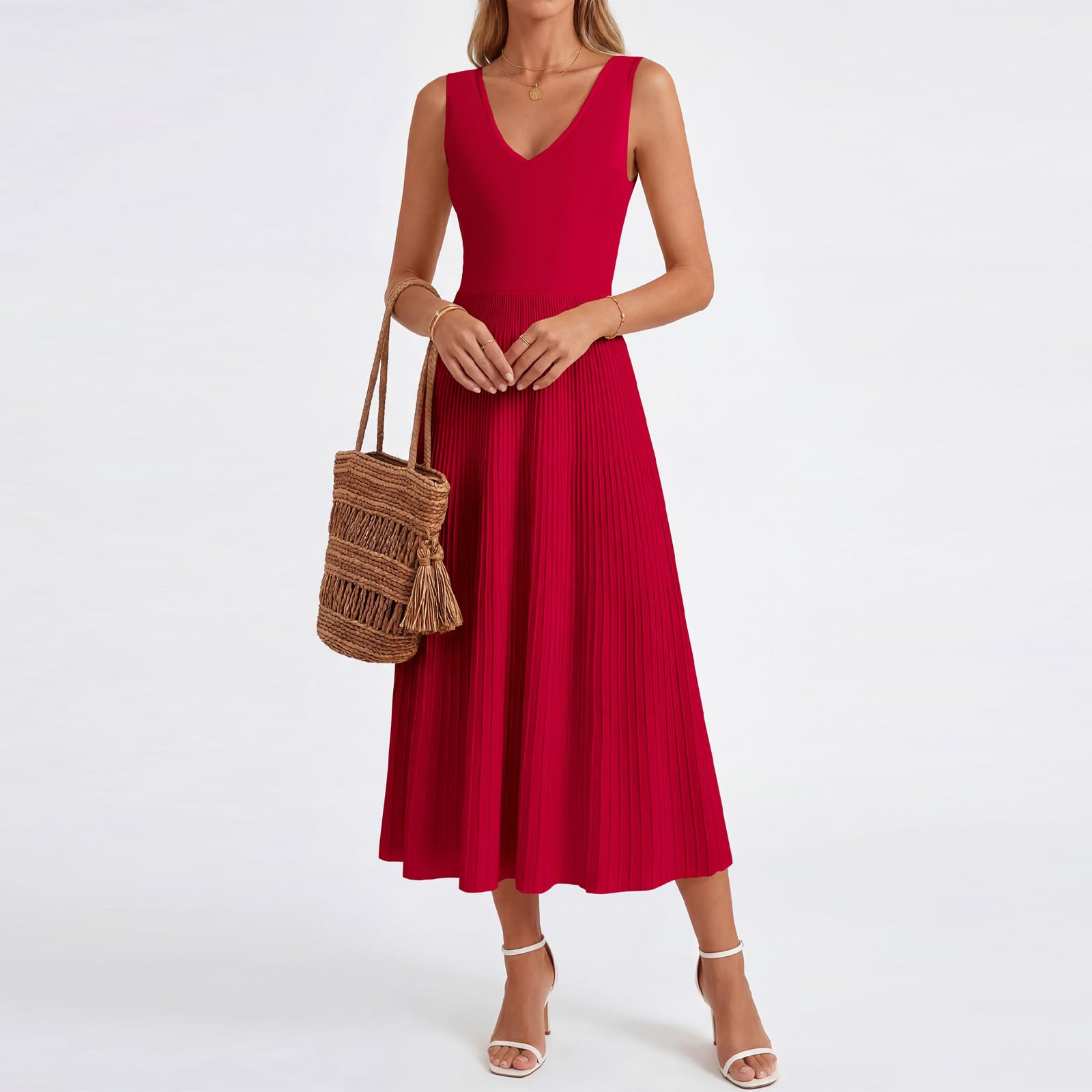 Vestito Donna Elegante Abito da Sera Senza Maniche con Scollo a V Abiti Lungo Plissettato Linea A Swing Abito da Cocktail per Festa Party