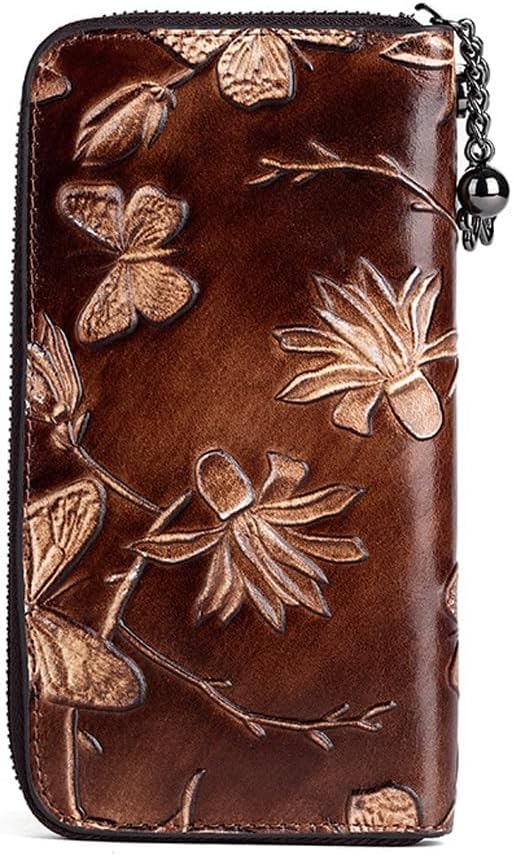 Girls Wallet Cowhide Handbag Women Handmade Embossed Long Purse Vintage Clutch Bag