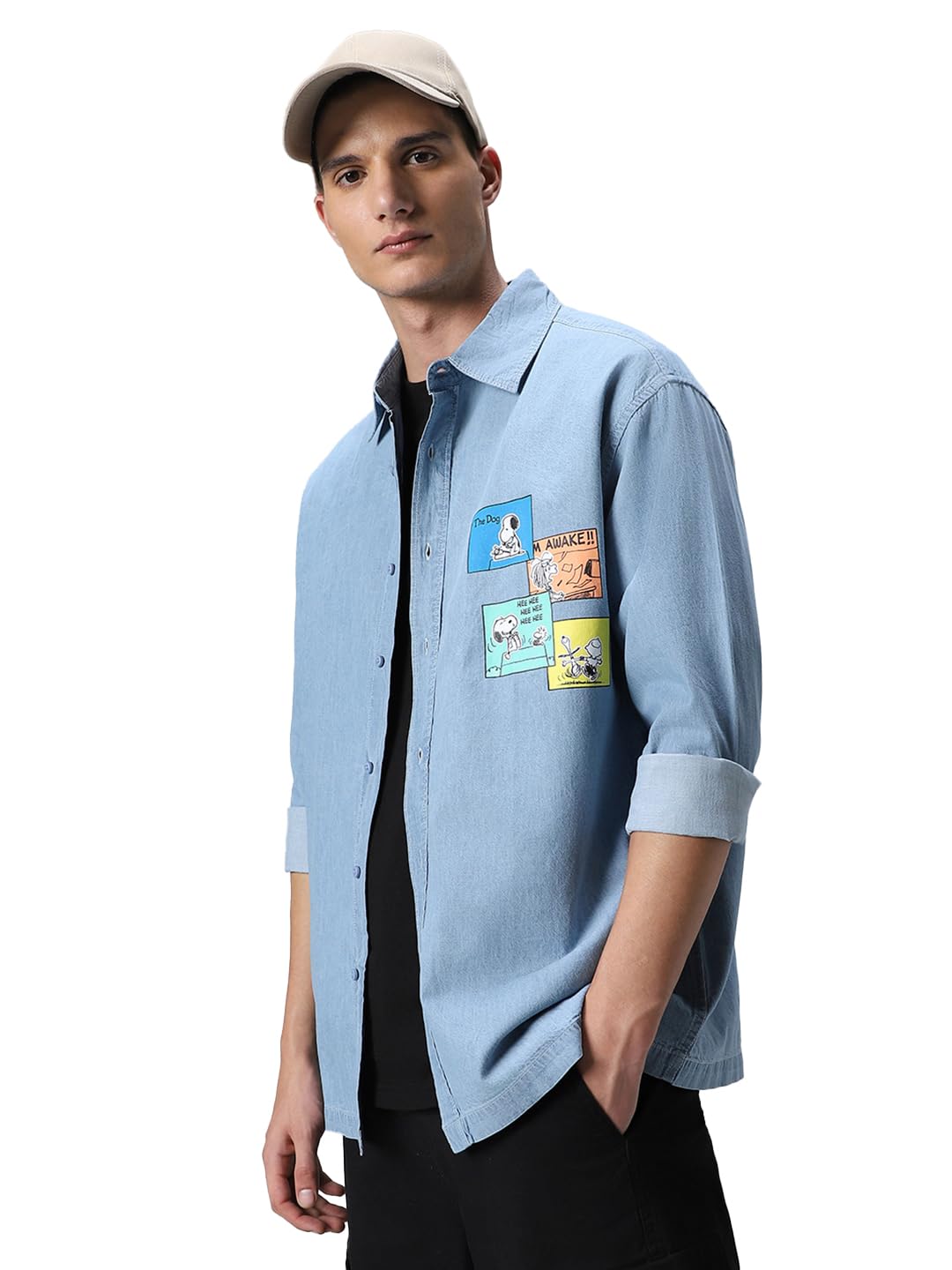 Bewakoof Official Peanuts Merchandise Snoopy Men's 100% Cotton Printed Oversized Fit Collar Shirt in multi