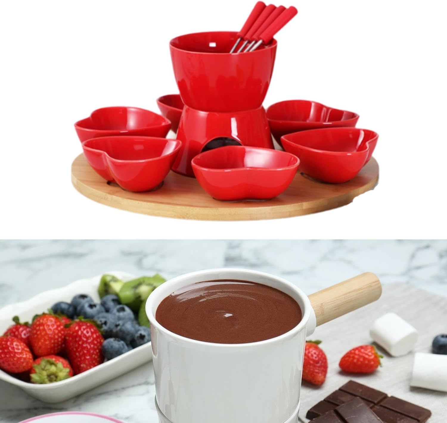Ceramic Butter Warmer Set with for Chocolate and Caramel, red