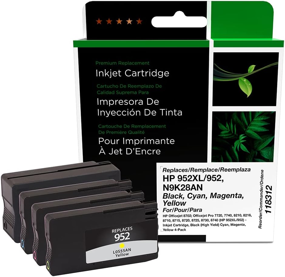 Clover Remanufactured Ink Cartridges Replacement for HP N9K28AN (HP 952XL/952) | Black XL, Cyan, Magenta, Yellow 4 PK