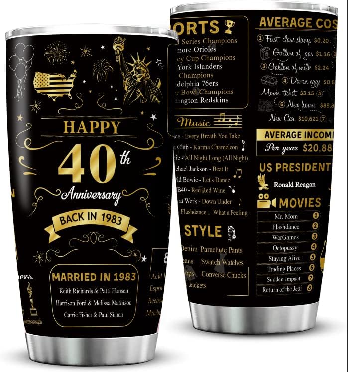 Delsakhula Happy 40th Anniversary Wedding Gifts for Men Women 40th Anniversary Tumbler 40 Years Wedding Gifts for Couple Wife Husband Back in 1983 Stainless Steel Vacuum Insulated Tumbler 20 oz 40Anniversary 20OZ