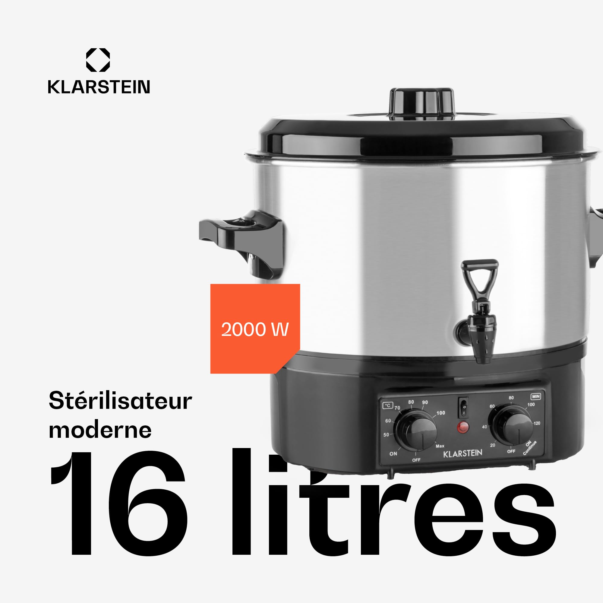 Klarstein Biggie Small - stérilisateur, cuve à stériliser, faitout, marmite à vin chaud, électrique, volumle 16 l, 2000 w, température réglable, interrupteur à minuterie 120 mn, argent