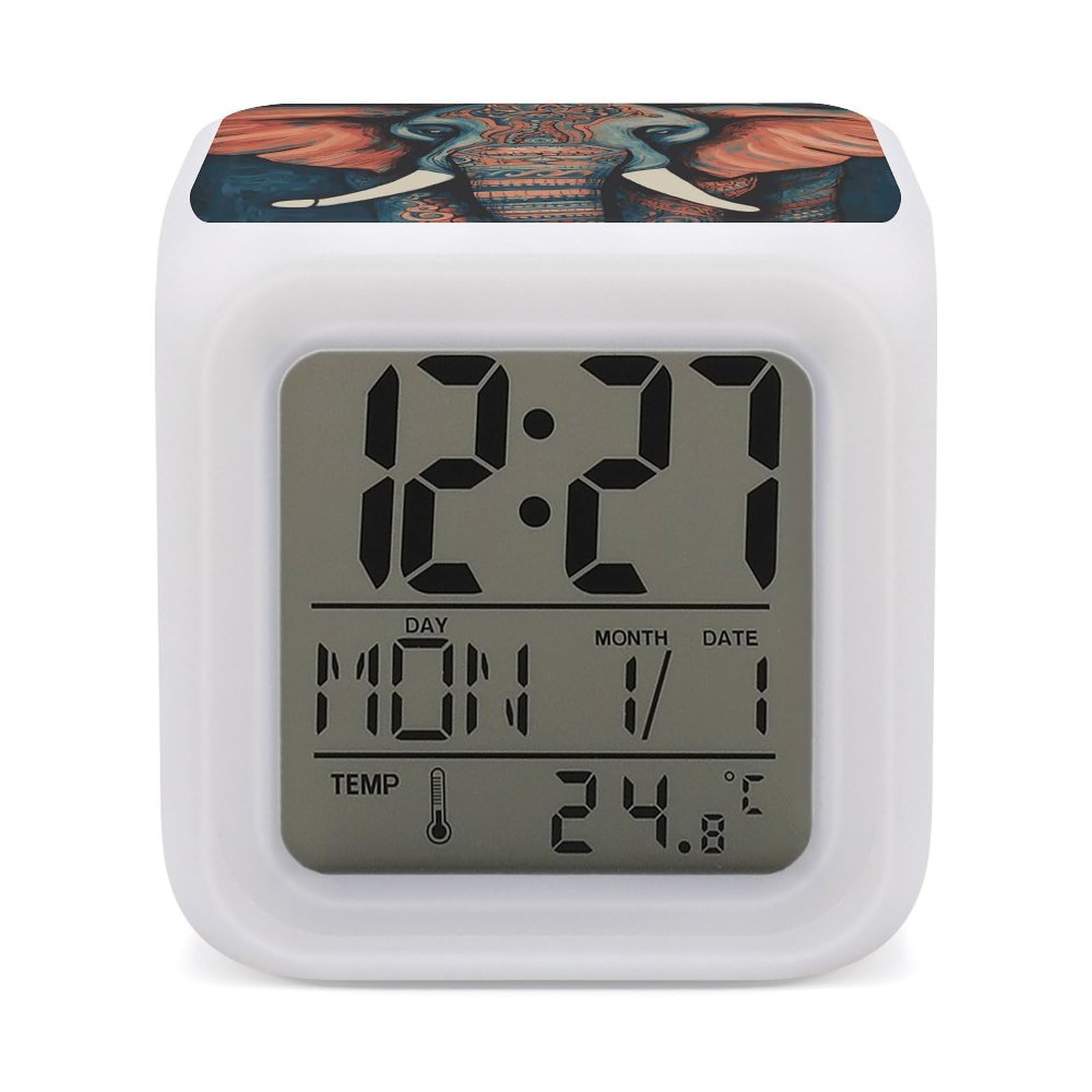 VstaDank Abstract Elephant Alarm Clock with 7 Color Changing Night Light Date Temp Display Wake Clocks LED Display Digital Clock Electric Desk Clocks for Living Office Bedroom Decor