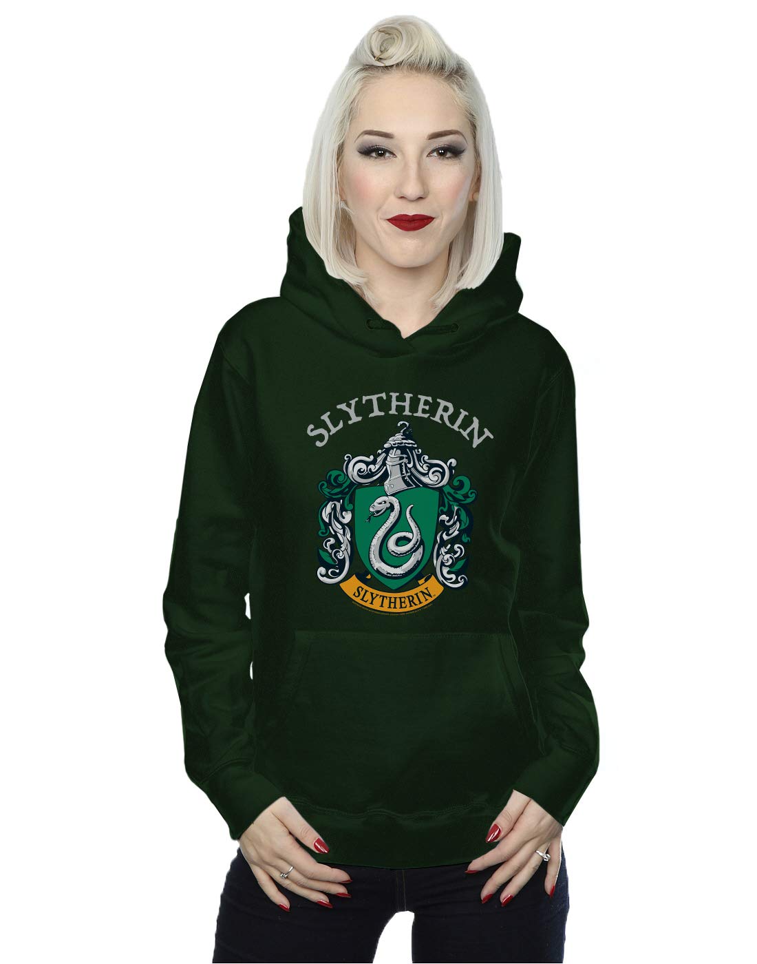 Absolute Cult Women's Forest Green Official Licensed Harry Potter Slytherin Crest Hoodie - Soft Fleece Pullover Hoodie, Front Graphic Print, Hooded Sweatshirt, Kangaroo Pocket, Fan Gift, Available In Multiple Uk Sizes