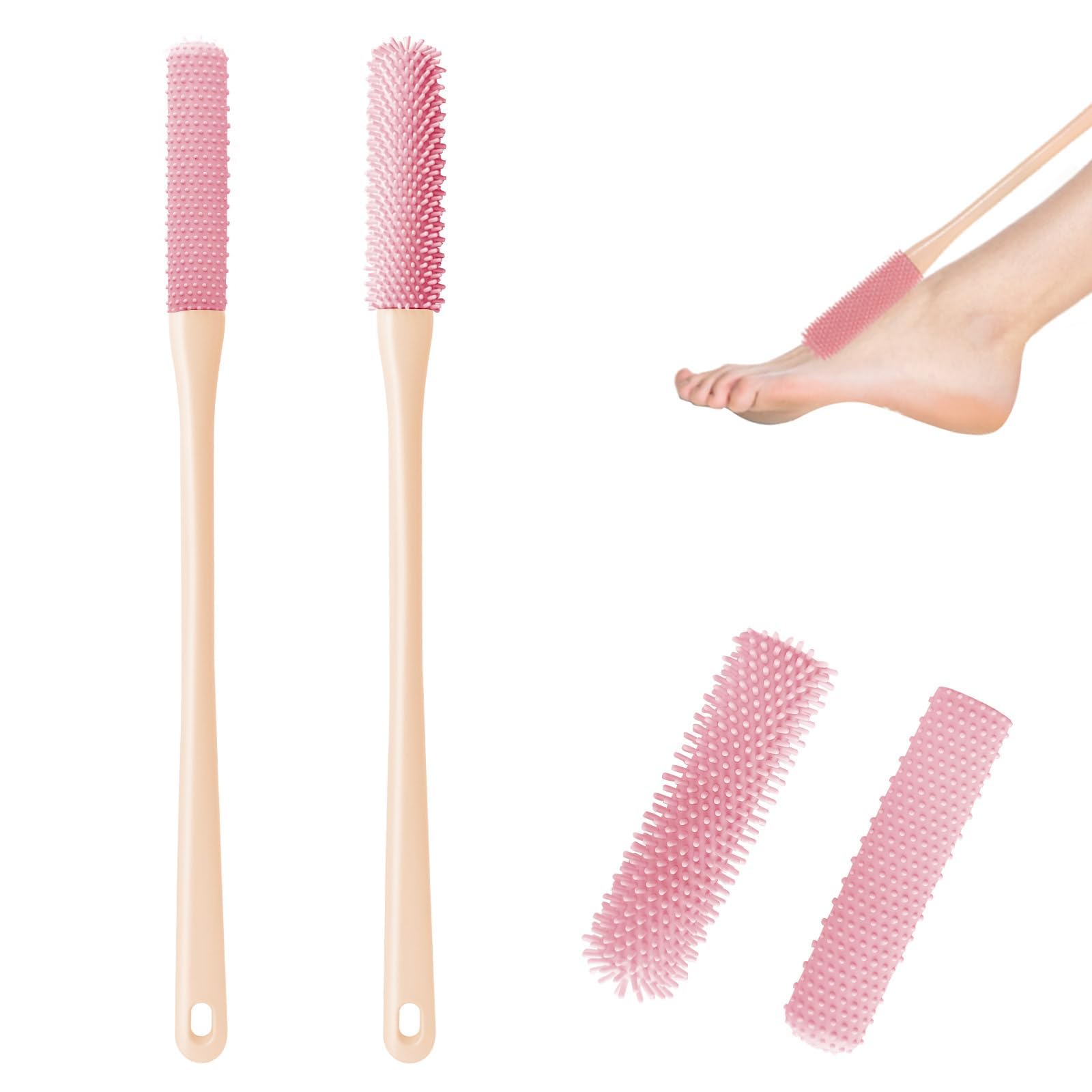 BIGTHREE Toe Gap Cleaner & Foot Scrubber Brush, Long Handle Shower Brush for Elderly, Silicone Toe Crevice Cleaner with Ergonomic Grip 15.7IN Pink