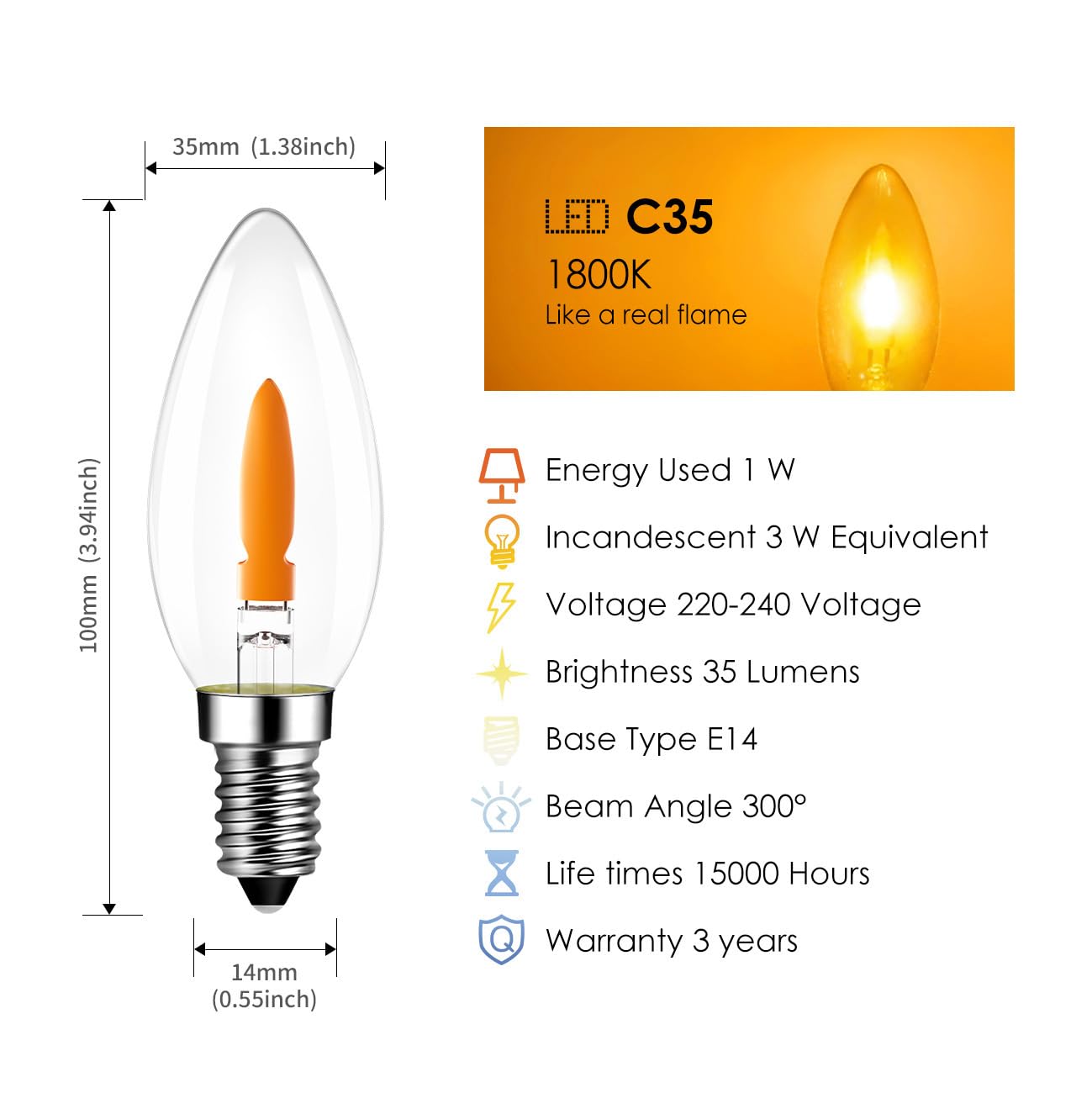 LVWIT E14 Flame Bulb,Fire Flickering Chandelier Candle Light Bulbs,1800K Warm Light E14 Flickering Flame Bulb,Orange Light Bulb for Party Patio Porch Indoor Decorations,Non-Dimmable(6 PCS,2 Modes) - Image 2