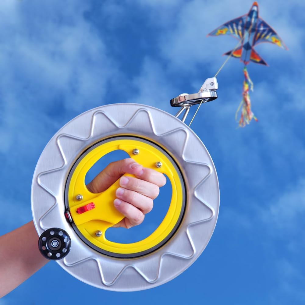 Stainless Steel Kite String Reel with Lock Non-Reverse Functions 9.06inches Dia with 2625ft Strings Comfortable Ergonomic Handle Universal Hole