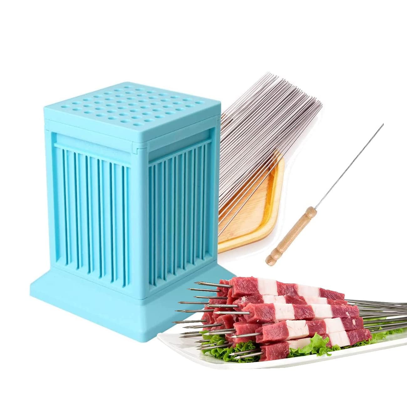 Azonee BBQ Meat Skewer Maker - Kebab Maker Box 49 Holes with 50pcs Stainless Skewer - Kebab Making Box BBQ Grill Beef Meat Slicer Kebab Brochette Maker Kit (Blue)