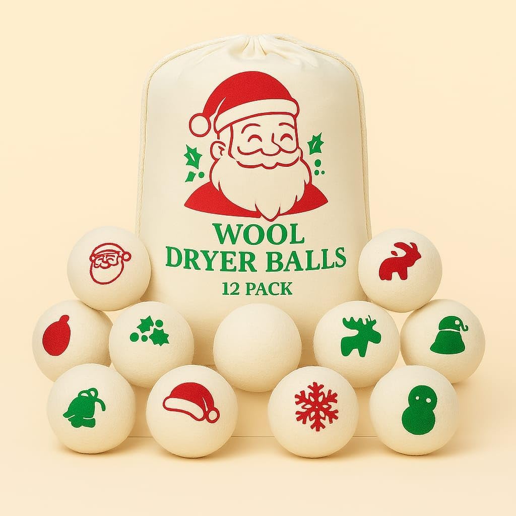 Wool Dryer Balls Pack of 12, Organic Wool Dryer Balls, Reusable Laundry Dryer Balls, Natural Fabric Softener, Eco Friendly Dryer Balls, Static & Wrinkle Reducing, Christmas Gift for Women