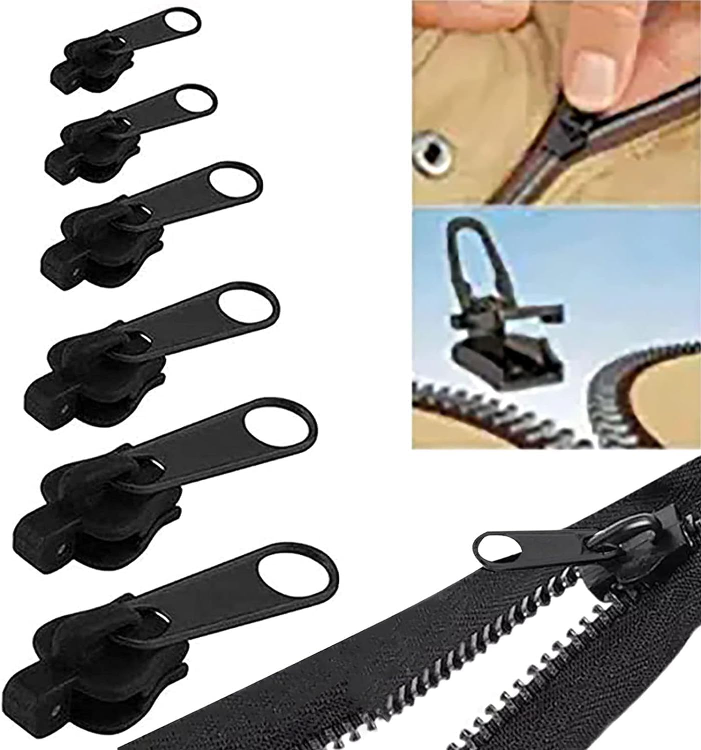6 Pcs Black Fix Zip Puller,Zip Slider Repair Instant Kit,Zipper Set, Fix Zipper Removable Rescue Replacement Pack, Instant Zipper Set for Coats, Jacket, Luggage, Zippers Fasteners