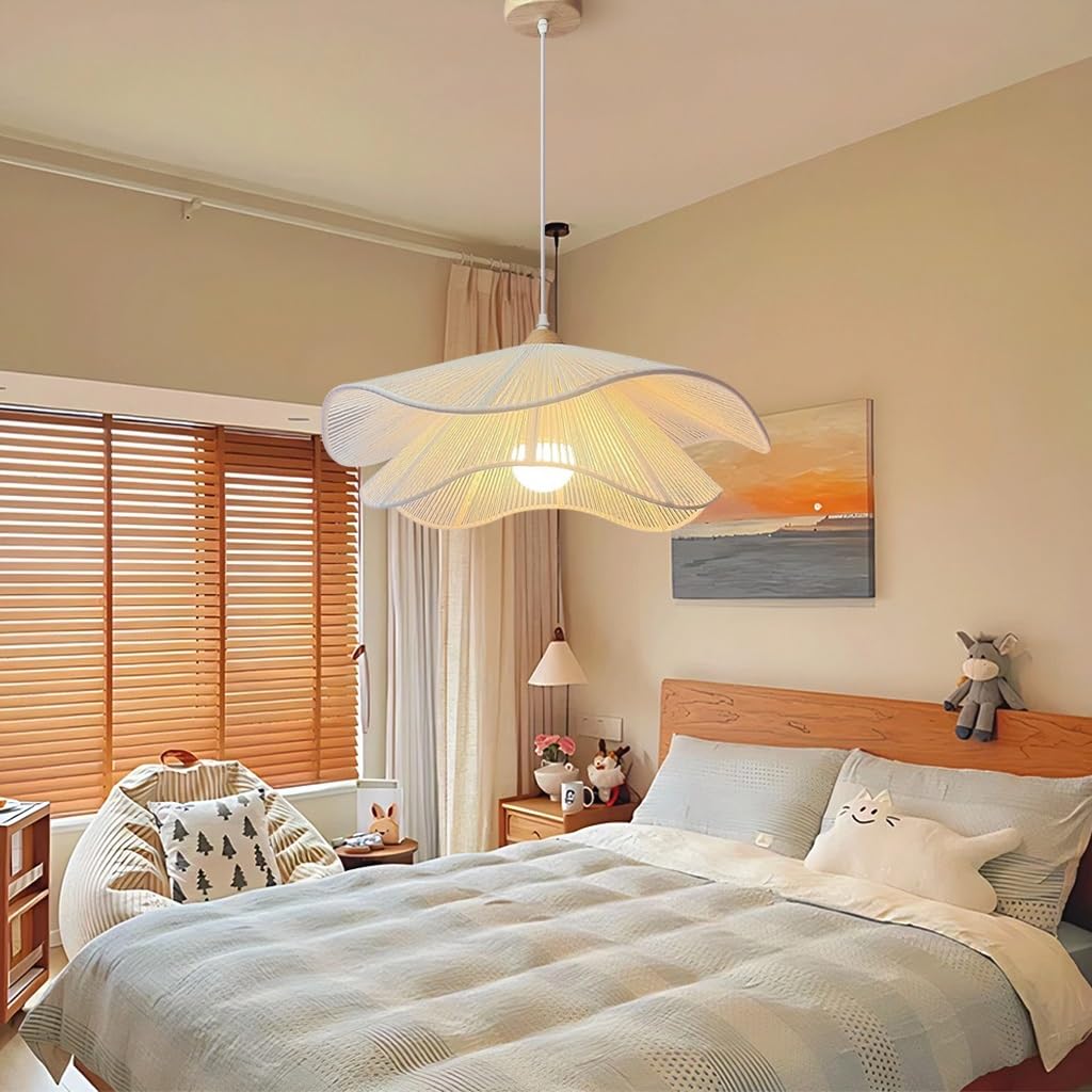 Rattan Hängelampe Vintage Pendelleuchte Im Landhausstil Kronleuchter Im Böhmischen Stil Für Den Esstisch LED Deckenleuchte Geeignet Für Kücheninsel Esszimmer Wohnzimmer Schlafzimmer(Weiß,50CM)