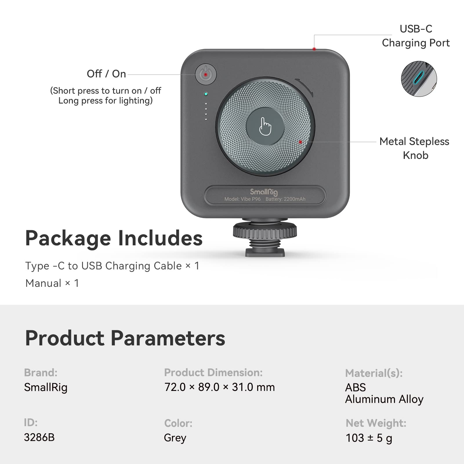 SMALLRIG P96 Luz de Video LED, Luces LED Portátiles para Cámaras, 96 Perlas LED para Iluminación de Video y Fotografía, Panel Recargable 2200mAh CRI95+ 2700-6500K - 3286B (Paquete de 2)