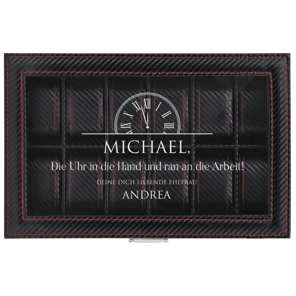 Maverton Uhrenbox mit Gravur für 12 Uhren - 33x21x8cm - Uhrenkasten aus Kunstleder - Schwarz - Geschenk für Männer - Uhr
