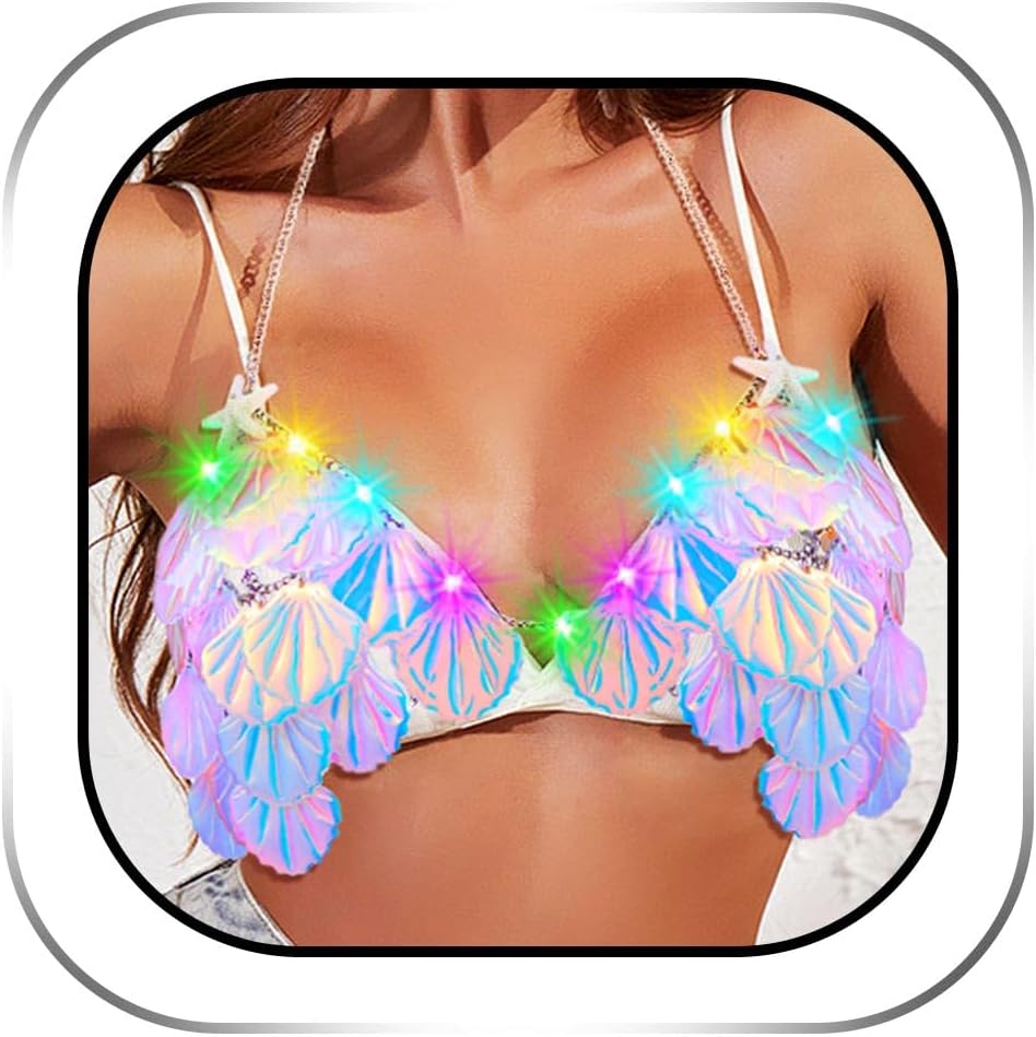 Zoestar Light Up Seashell Bra Sparkly Sequin Bikini Top Glowing Mermaid Shell Bra Tops for Women
