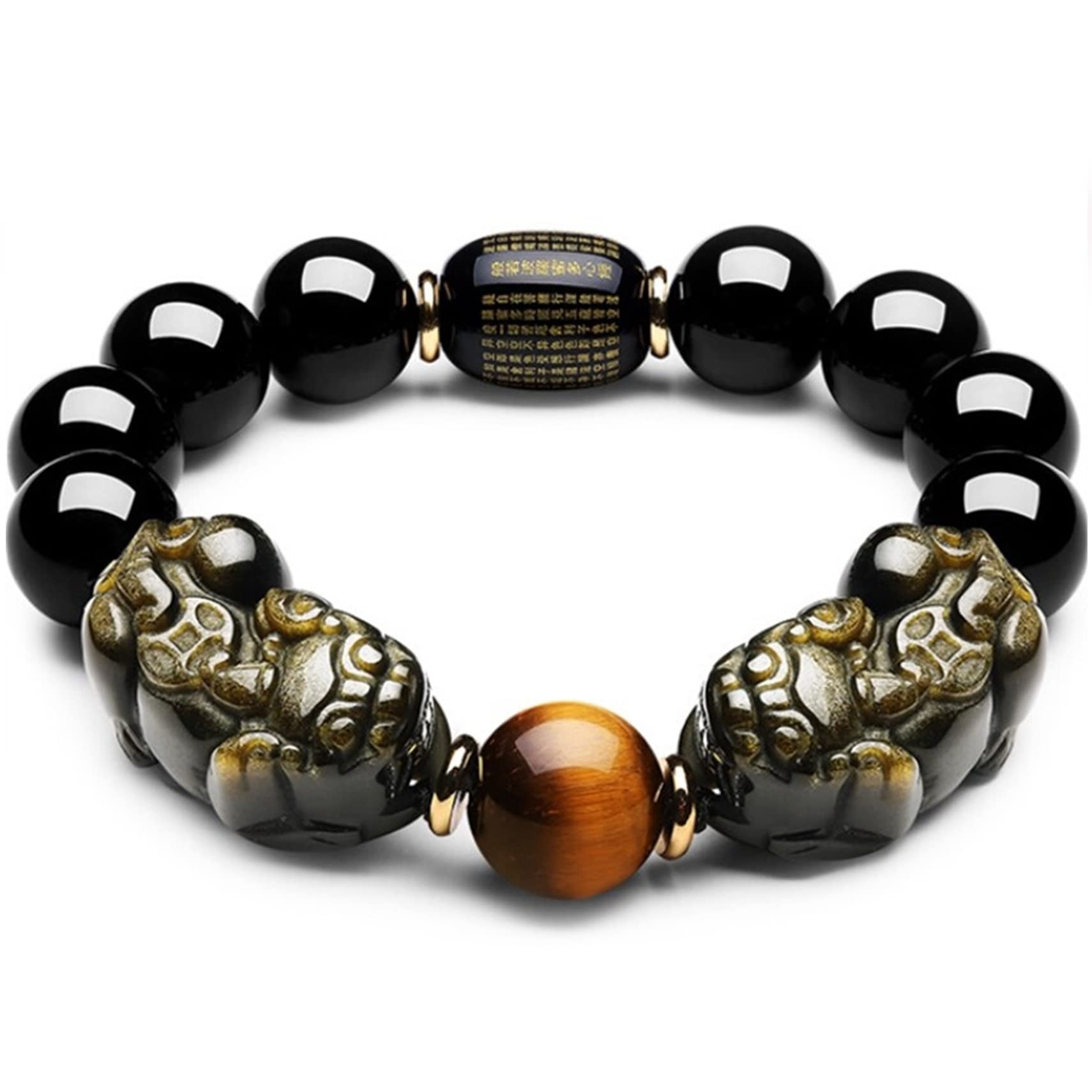 Ceteor 2 Feng Shui Black Obsidian Bracelet,Triple Protectio Double Piyao Tiger Eye Beaded Bracelets Natural Golden Obsidian Black Obsidian Gemstone Energy Bracelet Adjustable,9,16Mm (Color : Size : 10Mm