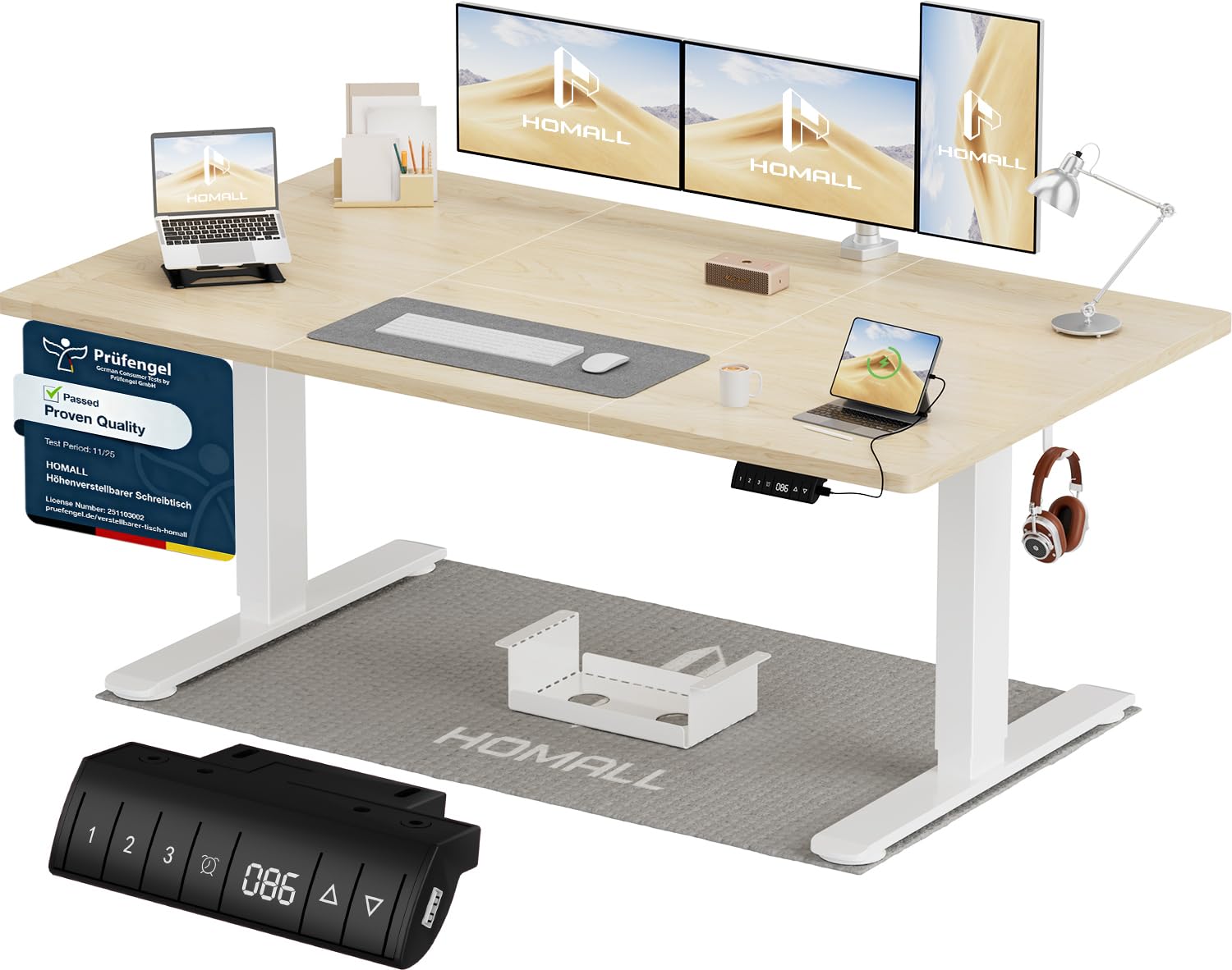 Homall Höhenverstellbarer Schreibtisch mit USB-A Ladeanschluss, Elektrischer Schreibtisch mit Kabel Management Tray, Standing Desk mit 3 Memory Funktion, Computertisch