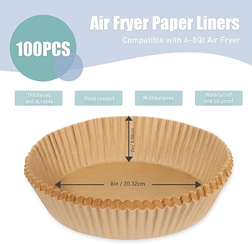 Miniatura 4 de 100 forros de papel para freidora de aire para freidora de aire de 4 a 8 cuartos de galón de grosor, antiadherente, forro de papel desechable, cesta