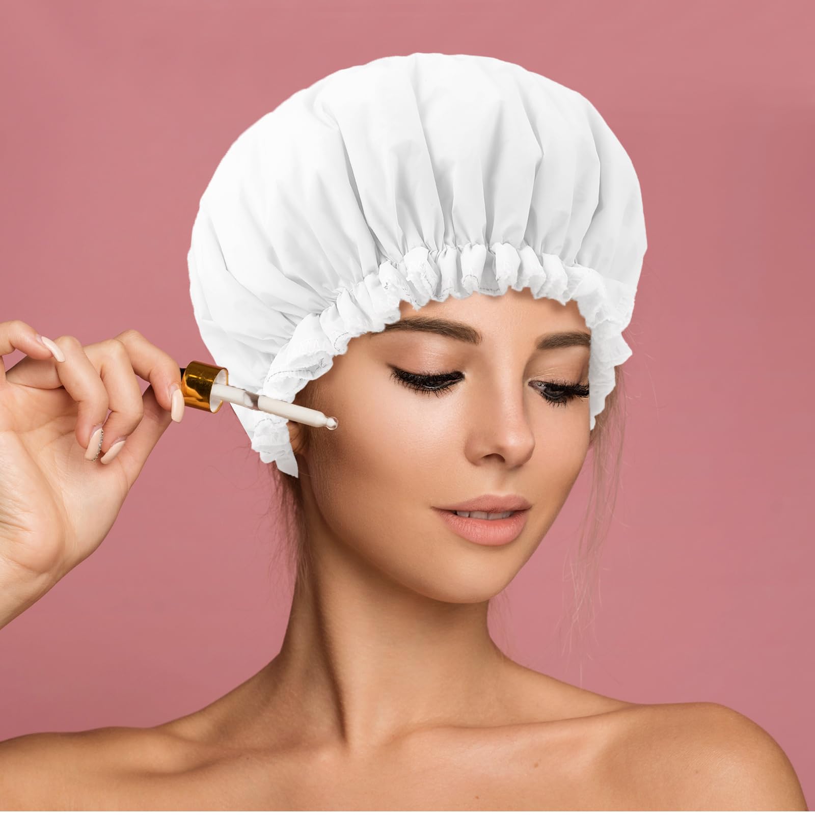 Doppellagige Duschhaube, Elastische Shower Cap Duschhauben mit Frotteefutter Wiederverwendbare Große Duschhaube Wasserdichte Badehaube für Duschen Spa Salon Make-up Reisen(Weiß)