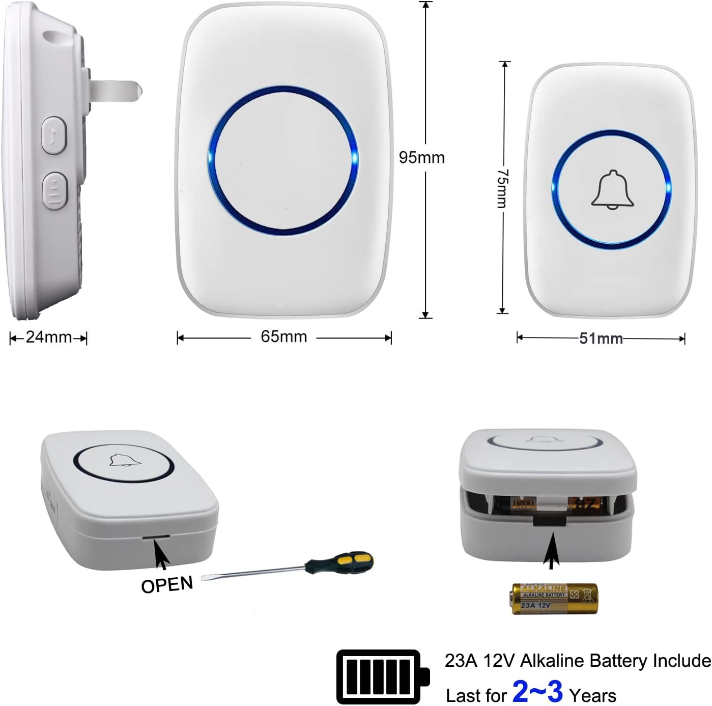 Wireless Doorbell, Waterproof Door Bell Kit, Over 1000 feet Range and 60 Chime, 5 Levels Volume and LED Flash, for Home Office Classroom - - 