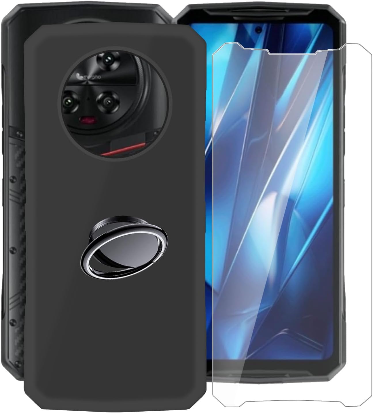 for Doogee DK10 Case, [ 1 x Tempered Glass Protective Film], Shockproof Soft TPU Bumper, with [360° Rotation Ring Kickstand] Phone Case for Doogee DK10 (6.67") - Black