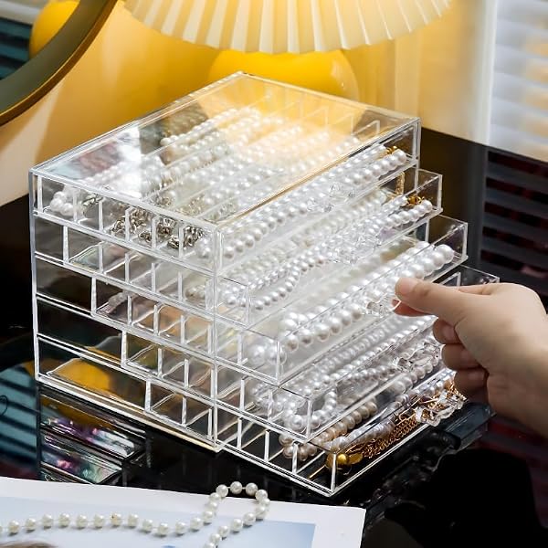 Necklace Box Tray with 5 Clear Drawers, Dustproof Necklaces Holder Storage Display Case, Necklace Tray Drawer for Pendant Suitable for Women and Girls -Transparent by CLUQMEIK - Image 5