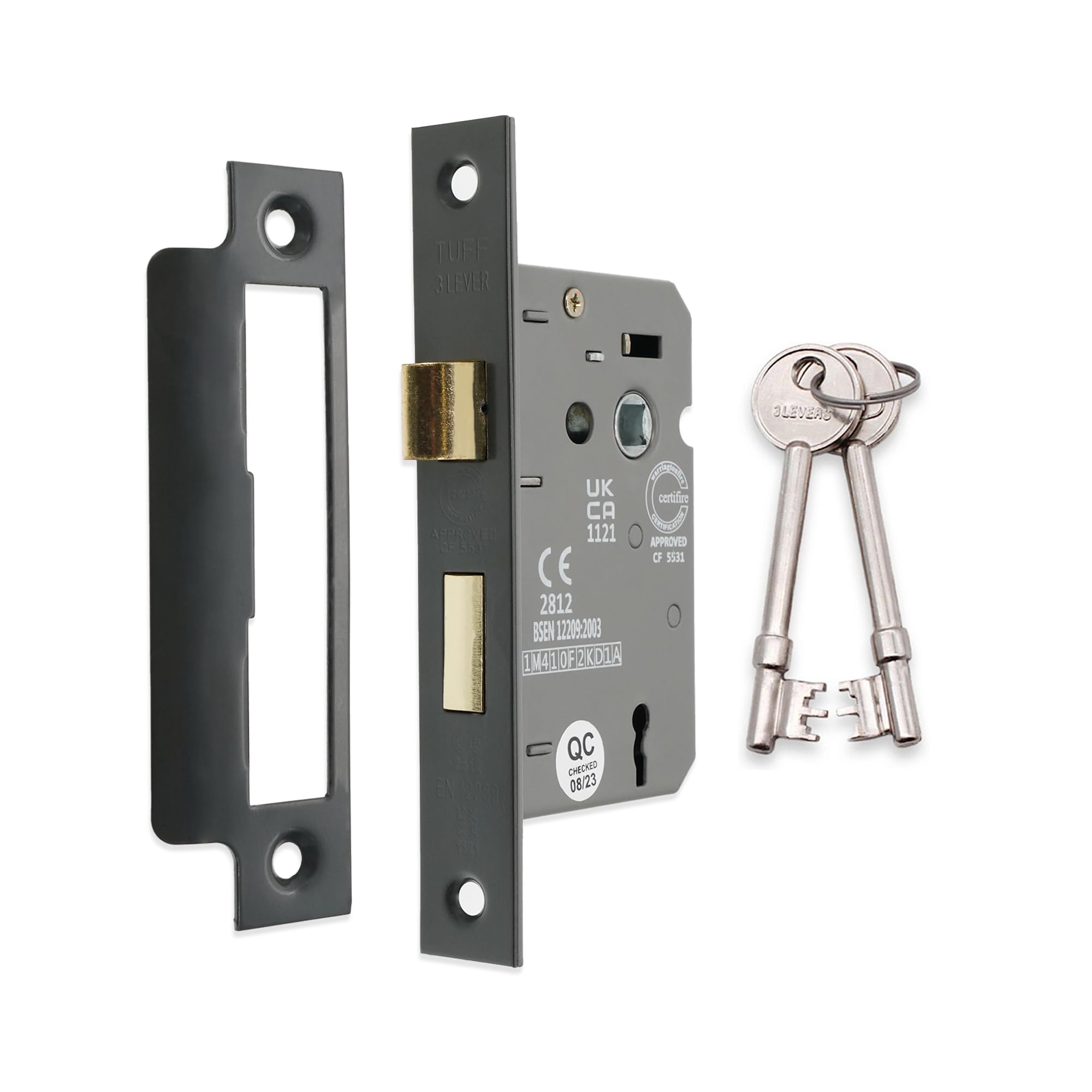 Fire Rated Door Sash Locks CE BS Rated Mortice 3 Lever 63mm or 75mm (Gunmetal Grey, 63mm)