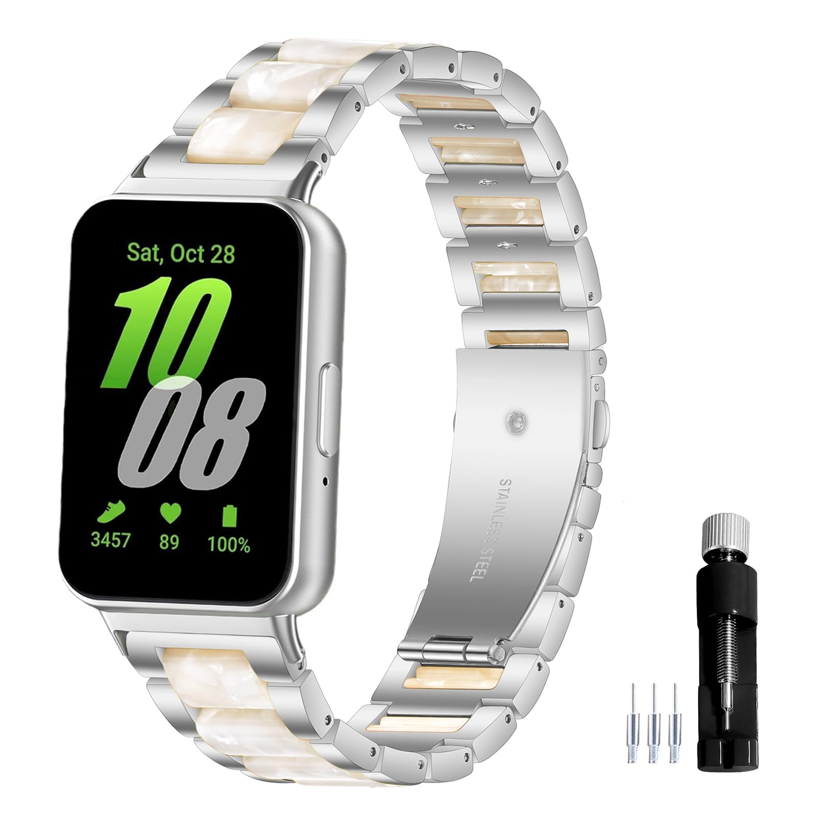 Gheper Resin Stainless Steel Watch Band Compatible with Samsung Galaxy Fit3[2024] SM-R390 Quick Fit Replacement Metal Wristband Strap for Men Women